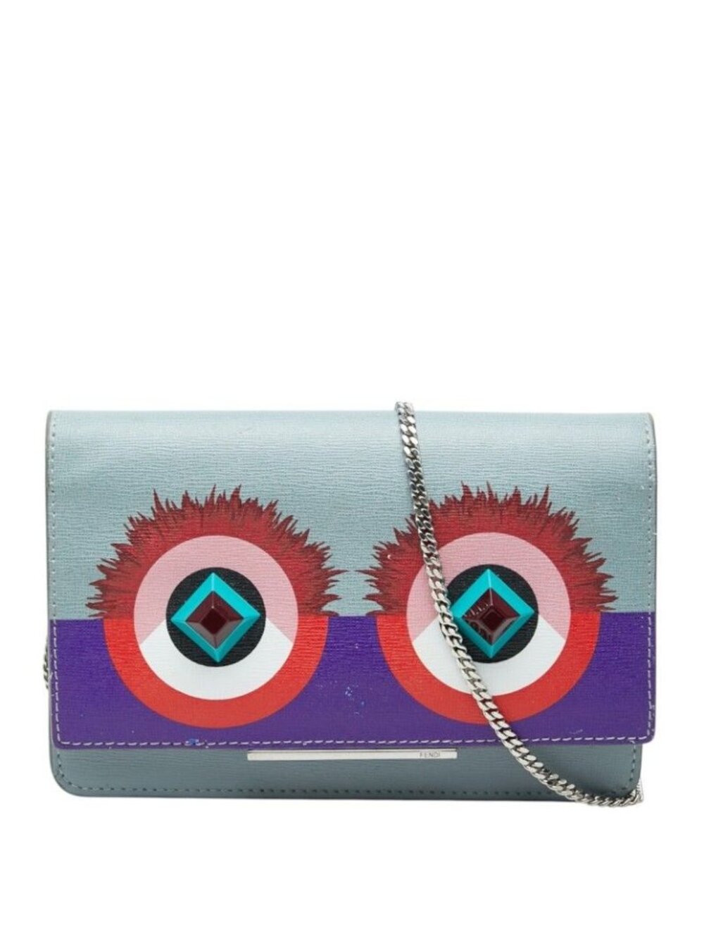 Fendi Monster Bugs Chain Wallet Shoulder Bag Gray Multicolor Leather